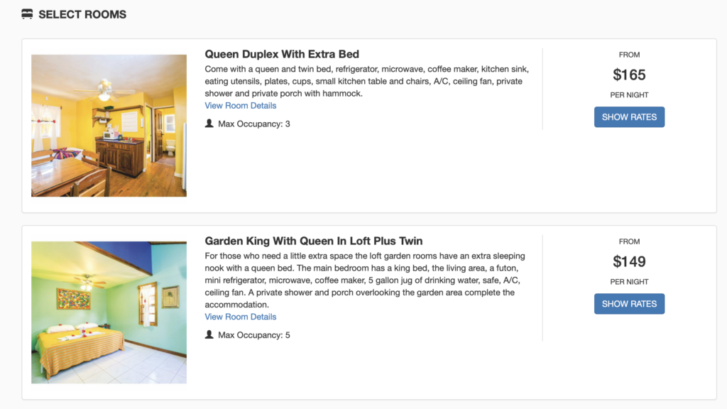 Screenshot of hotel in Roatan, Honduras